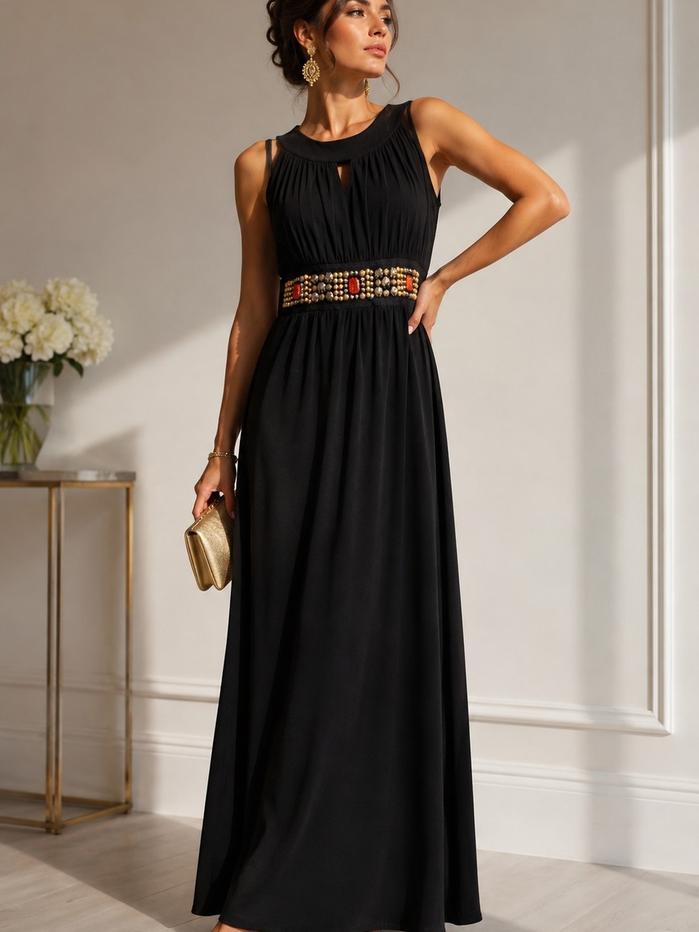 NIC & DOM BLACK MAXI DRESS EMBELLISHED WAIST SLEEVELESS JEWEL ACCENT SIZE M